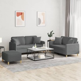 Set di Divani 3 pz con Cuscini Grigio Scuro in Tessuto