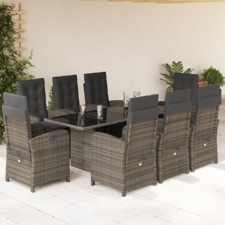 Set da Pranzo da Giardino 9 pz con Cuscini in Polyrattan Grigio