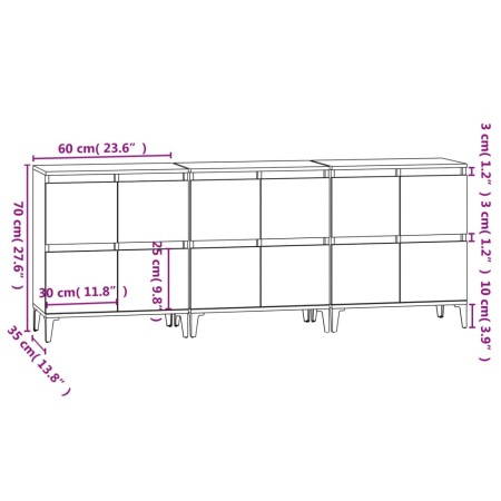 Credenze 3pz Bianche 60x35x70 cm in Legno Multistrato