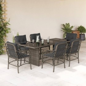 Set da Pranzo da Giardino 7 pz con Cuscini in Polyrattan Grigio