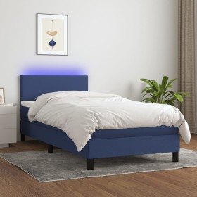 Letto a Molle con Materasso e LED Blu 90x190 cm in Tessuto