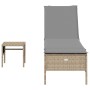 Lettino Prendisole con Tavolo e Cuscino Beige in Polyrattan