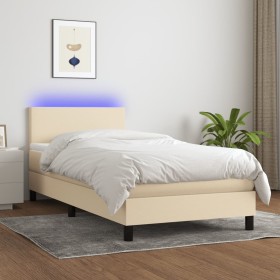 Letto a Molle con Materasso e LED Crema 90x190 cm in Tessuto