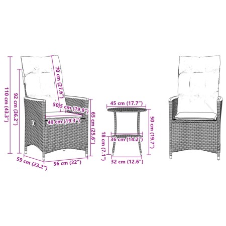 Set da Bistrò 3 pz con Cuscini Grigio in Polyrattan