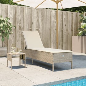 Lettino Prendisole con Tavolo e Cuscino Beige in Polyrattan