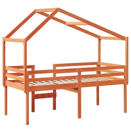 Letto a Soppalco con Tetto Cera 75x190cm Legno Massello di Pino