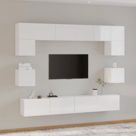 Set Mobili Porta TV 8pz Bianco Lucido in Legno Multistrato