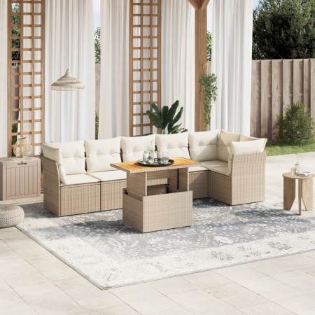 Set Divani da Giardino 7 pz con Cuscini Beige in Polyrattan