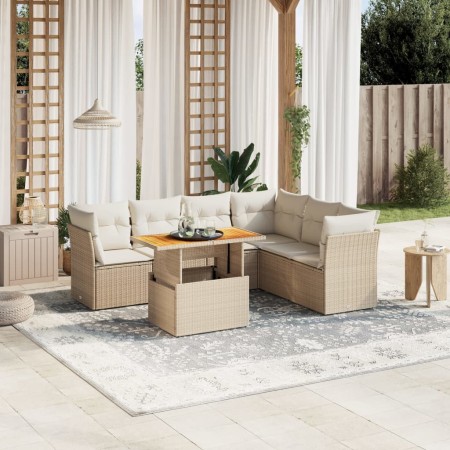 Set Divani da Giardino 7 pz con Cuscini Beige in Polyrattan