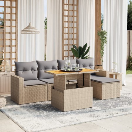 Set Divano da Giardino 6 pz con Cuscini Beige in Polyrattan