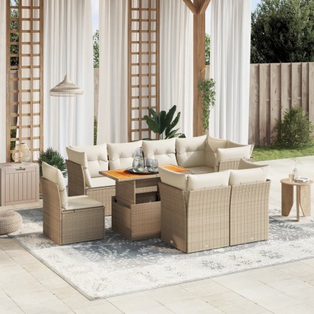 Set Divano da Giardino 9 pz con Cuscini Beige in Polyrattan