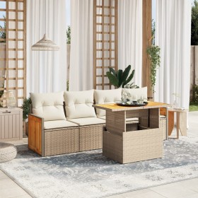 Set Divano da Giardino 5 pz con Cuscini Beige in Polyrattan