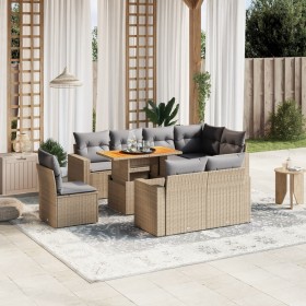 Set Divano da Giardino 9 pz con Cuscini Beige in Polyrattan