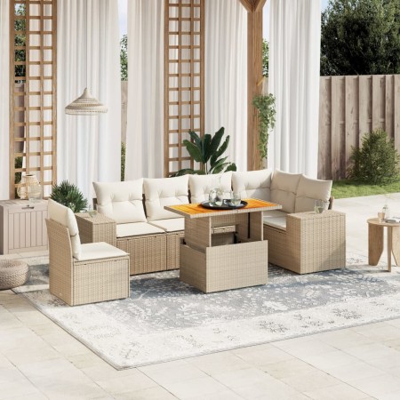 Set Divani da Giardino 7 pz con Cuscini Beige in Polyrattan