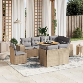 Set Divano da Giardino 9 pz con Cuscini Beige in Polyrattan