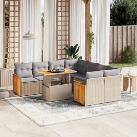 Set Divano da Giardino 9 pz con Cuscini Beige in Polyrattan