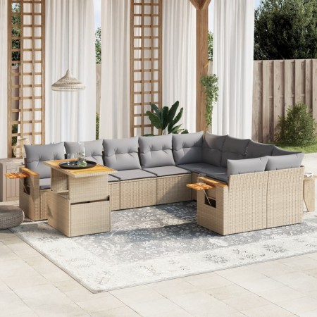 Set Divano da Giardino 10 pz con Cuscini Beige in Polyrattan