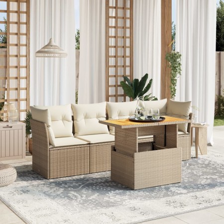 Set Divano da Giardino 5 pz con Cuscini Beige in Polyrattan