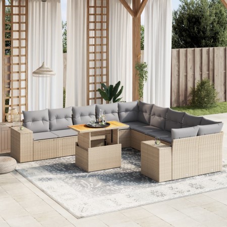 Set Divani da Giardino 11 pz con Cuscini Beige in Polyrattan