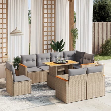 Set Divano da Giardino 9 pz con Cuscini Beige in Polyrattan