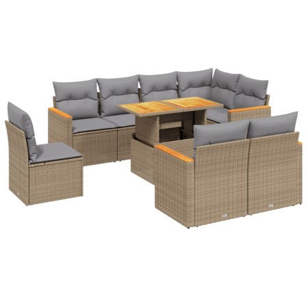 Set Divano da Giardino 9 pz con Cuscini Beige in Polyrattan