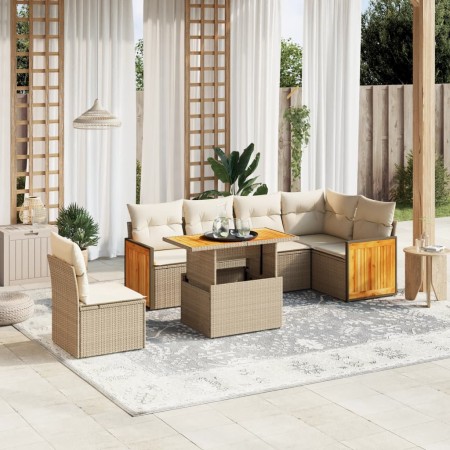 Set Divani da Giardino 7 pz con Cuscini Beige in Polyrattan