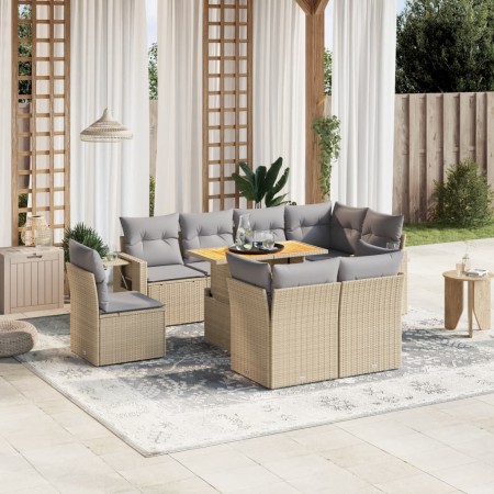 Set Divano da Giardino 9 pz con Cuscini Beige in Polyrattan