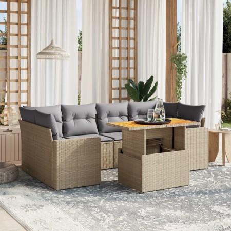 Set Divani da Giardino 7 pz con Cuscini Beige in Polyrattan