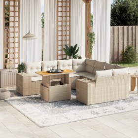 Set Divano da Giardino 9 pz con Cuscini Beige in Polyrattan