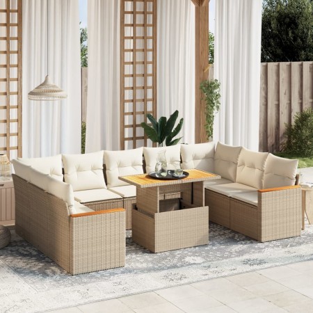 Set Divano da Giardino 10 pz con Cuscini Beige in Polyrattan