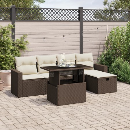 Set Divano da Giardino 6 pz con Cuscini Marrone in Polyrattan