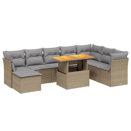 Set Divano da Giardino 9 pz con Cuscini Beige in Polyrattan