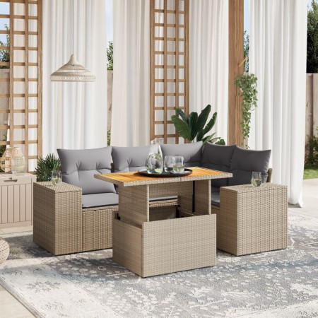 Set Divano da Giardino 5 pz con Cuscini Beige in Polyrattan