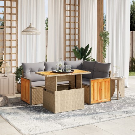 Set Divano da Giardino 5 pz con Cuscini Beige in Polyrattan