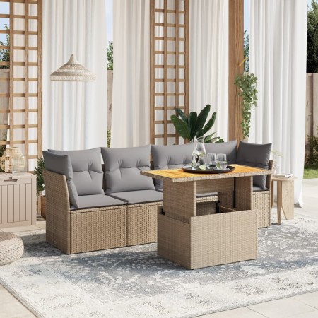 Set Divano da Giardino 5 pz con Cuscini Beige in Polyrattan