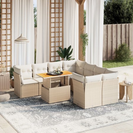 Set Divano da Giardino 9 pz con Cuscini Beige in Polyrattan