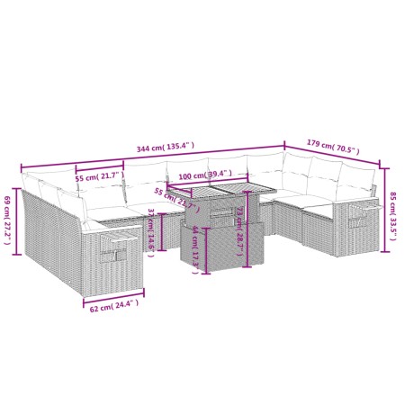 Set Divani da Giardino 11 pz con Cuscini Beige in Polyrattan