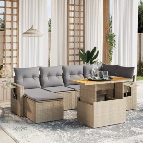 Set Divani da Giardino 7 pz con Cuscini Beige in Polyrattan