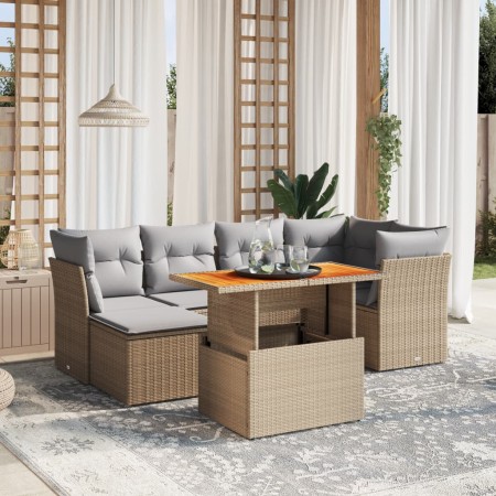 Set Divani da Giardino 7 pz con Cuscini Beige in Polyrattan