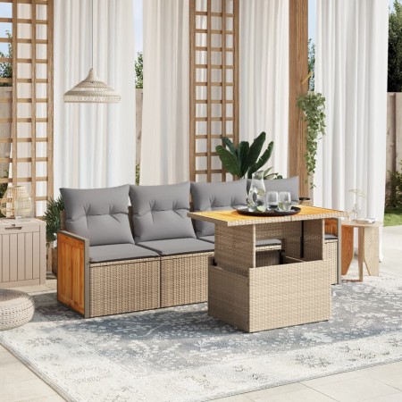 Set Divano da Giardino 5 pz con Cuscini Beige in Polyrattan