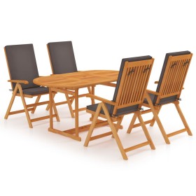 Set da Pranzo da Giardino 5 pz con Cuscini Grigi Legno di Teak