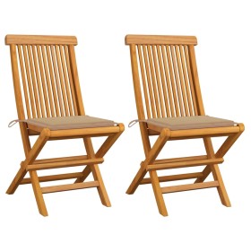 Sedie da Giardino con Cuscini Beige 2 pz in Massello di Teak