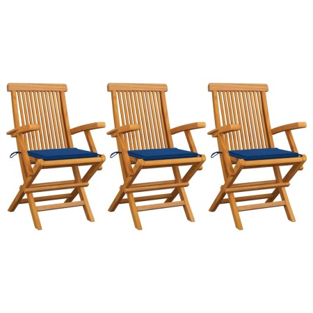 Sedie da Giardino con Cuscini Blu Reale 3pz Legno Massello Teak