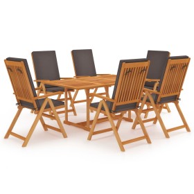 Set da Pranzo da Giardino 7 pz con Cuscini Grigi Legno di Teak