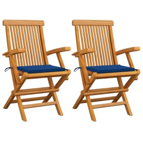 Sedie da Giardino con Cuscini Blu Reale 2pz Legno Massello Teak