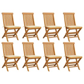 Sedie da Giardino con Cuscini Crema 8 pz in Massello di Teak