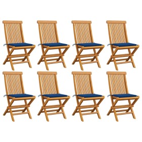 Sedie da Giardino con Cuscini Blu Reale 8 pz Massello di Teak