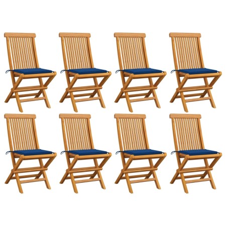 Sedie da Giardino con Cuscini Blu Reale 8 pz Massello di Teak