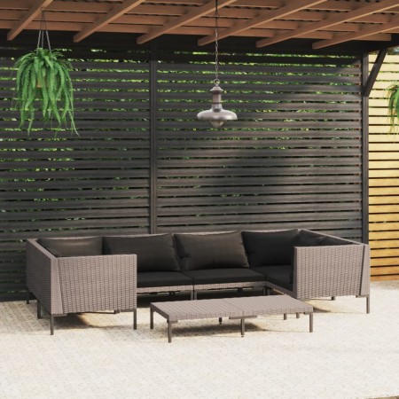 Set Divani da Giardino 7 pz con Cuscini Polyrattan Grigio Scuro