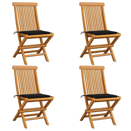 Sedie da Giardino con Cuscini Neri 4 pz Massello di Teak